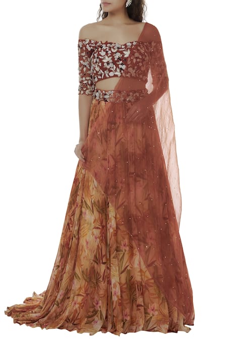 Mani Bhatia Orange Georgette Floral Print Lehenga Set 