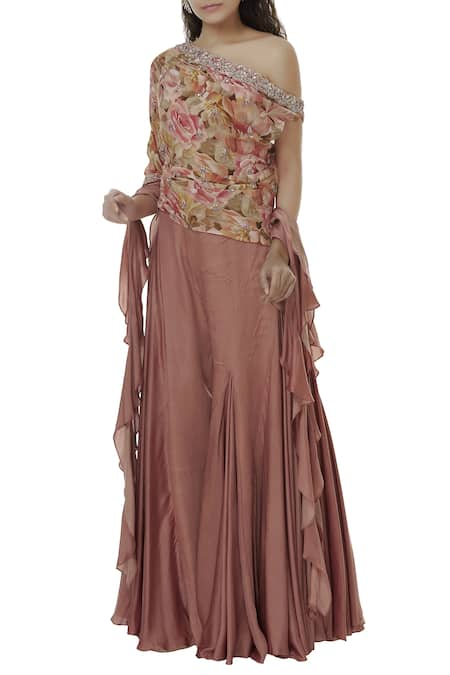 Mani Bhatia Pink Crepe Asymmetric Printed Top With Flared Pants Set 