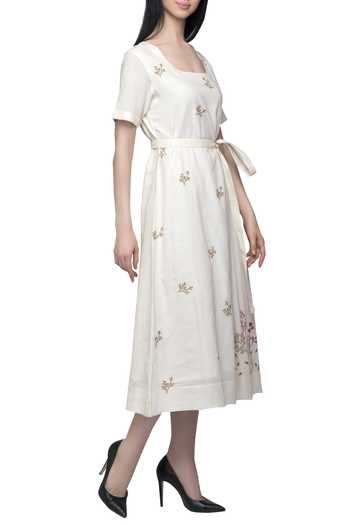 S & V Designs_Off White Dobby Cotton Square Neck Embroidered Midi Dress_Online_at_Aza_Fashions