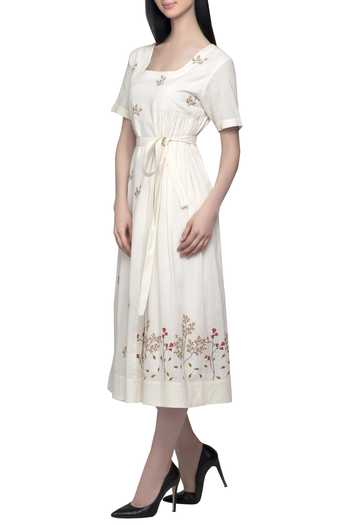 Buy_S & V Designs_Off White Dobby Cotton Square Neck Embroidered Midi Dress_Online_at_Aza_Fashions