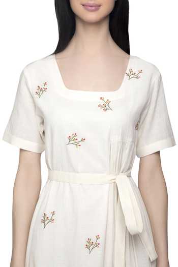 Shop_S & V Designs_Off White Dobby Cotton Square Neck Embroidered Midi Dress_Online_at_Aza_Fashions