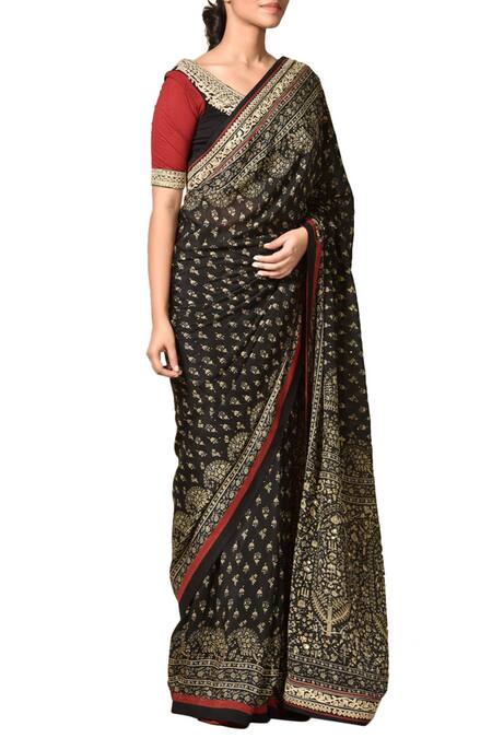RI.Ritu Kumar_Beige Viscose Georgette Printed Embroidered Saree_Online_at_Aza_Fashions