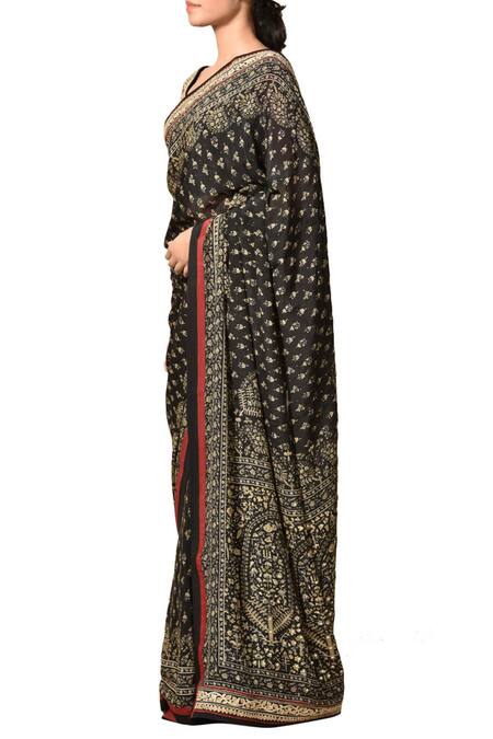 Shop_RI.Ritu Kumar_Beige Viscose Georgette Printed Embroidered Saree_Online_at_Aza_Fashions