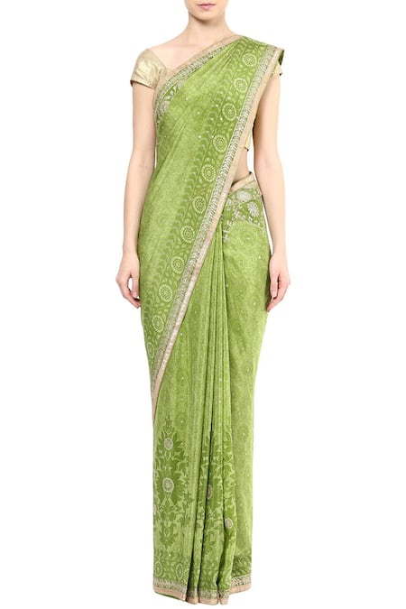 RI.Ritu Kumar Green Silk Chinon Printed And Embroidered Saree With Unstitched Blouse 