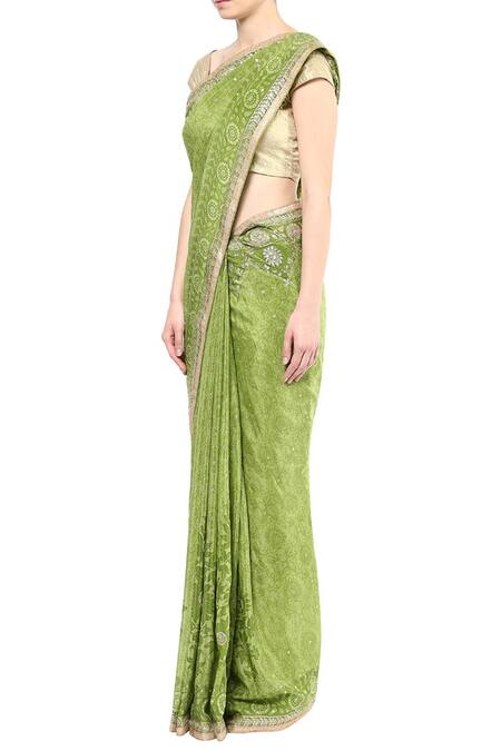 Shop_RI.Ritu Kumar_Green Silk Chinon Printed And Embroidered Saree With Unstitched Blouse_at_Aza_Fashions