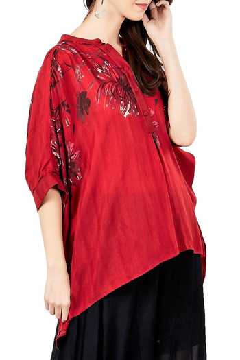 Ritu Kumar_Red Viscose Bamberg Collared Neck Floral Print Kaftan Kurta _Online_at_Aza_Fashions