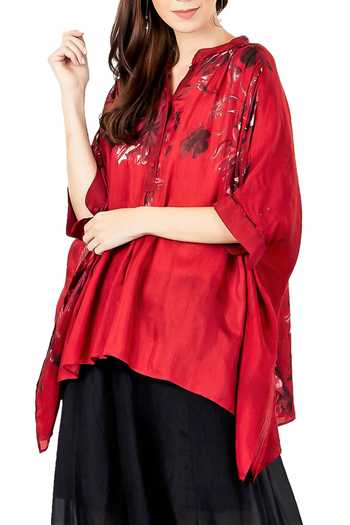 Buy_Ritu Kumar_Red Viscose Bamberg Collared Neck Floral Print Kaftan Kurta _Online_at_Aza_Fashions