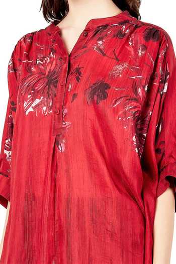 Shop_Ritu Kumar_Red Viscose Bamberg Collared Neck Floral Print Kaftan Kurta _Online_at_Aza_Fashions