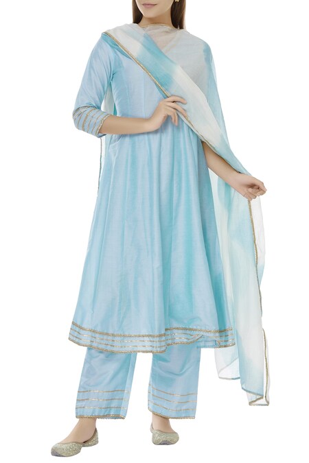 Khwaab by Sanjana Lakhani Blue Cotton Silk V Neck Paneled Kurta Set