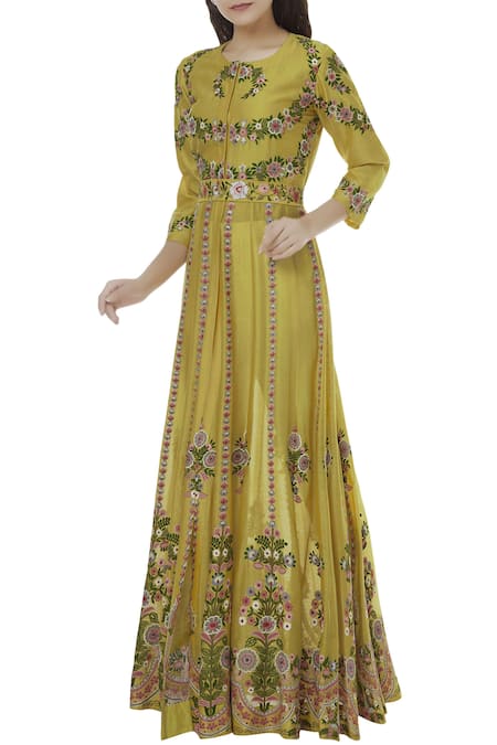 Alok & Harsh Yellow Chanderi Embroidered Anarkali