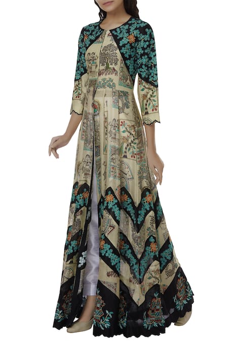 Alok & Harsh Beige Chanderi Printed Anarkali