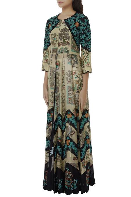 Buy_Alok & Harsh_Beige Chanderi Printed Anarkali_Online_at_Aza_Fashions