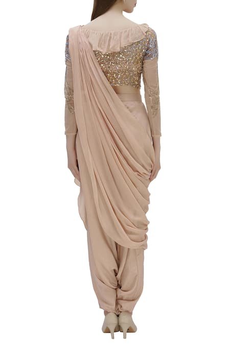 Shop_Babita Malkani_Peach Net, Chiffon Round Draped Dhoti Pant Saree Set _at_Aza_Fashions