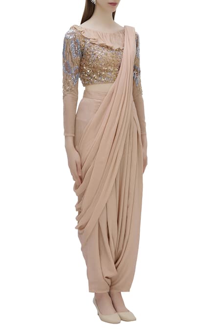 Babita Malkani_Peach Net, Chiffon Round Draped Dhoti Pant Saree Set _Online_at_Aza_Fashions