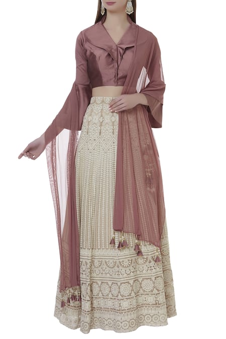 Khwaab by Sanjana Lakhani Beige Tafetta Embroidered Lehenga Set