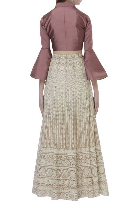Shop_Khwaab By Sanjana Lakhani_Beige Tafetta Embroidered Lehenga Set_at_Aza_Fashions