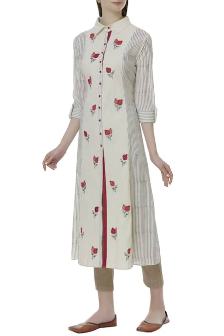 Ivory by Dipika White Textured Cotton Stand Fall Embroidered Kurta And Pant Set  