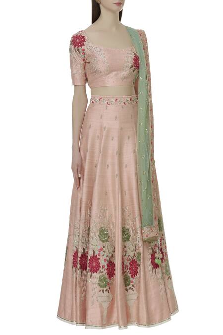 Ivory By Dipika_Peach Cotton, Raw Silk, Net, Chanderi, Shantoon, Embroidered Lehenga Set _Online_at_Aza_Fashions