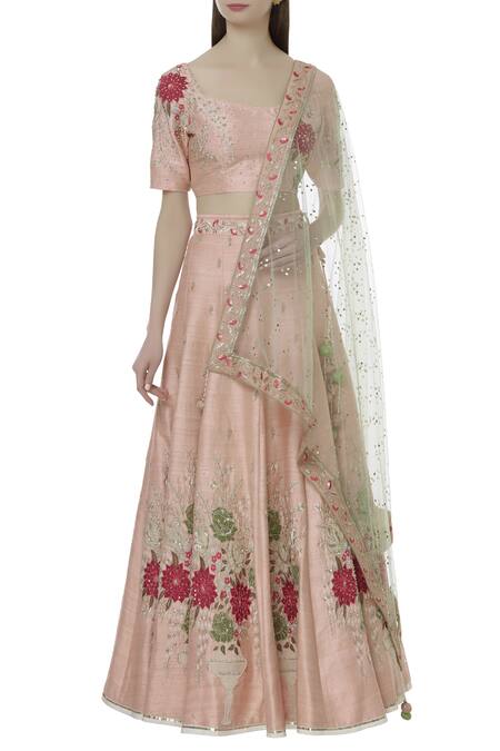 Buy_Ivory By Dipika_Peach Cotton, Raw Silk, Net, Chanderi, Shantoon, Embroidered Lehenga Set _Online_at_Aza_Fashions