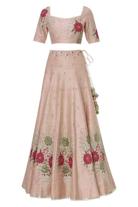 Shop_Ivory By Dipika_Peach Cotton, Raw Silk, Net, Chanderi, Shantoon, Embroidered Lehenga Set _Online_at_Aza_Fashions