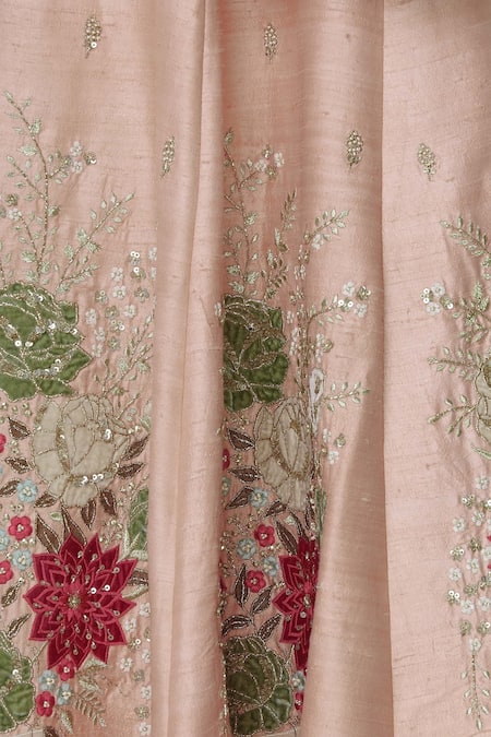 Ivory By Dipika_Peach Cotton, Raw Silk, Net, Chanderi, Shantoon, Embroidered Lehenga Set _at_Aza_Fashions