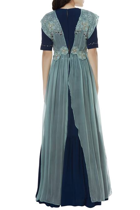 Shop_Ek Soot_Blue Crepe Round Overlay Blouse With Skirt  _at_Aza_Fashions