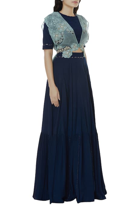 Ek Soot_Blue Crepe Round Overlay Blouse With Skirt  _Online_at_Aza_Fashions