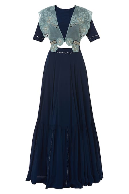 Buy_Ek Soot_Blue Crepe Round Overlay Blouse With Skirt  _Online_at_Aza_Fashions