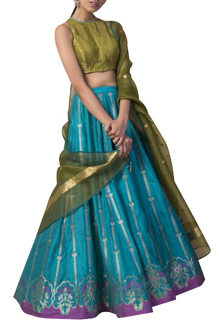 Ekaya Blue Silk Banarasi Handwoven Lehenga Set