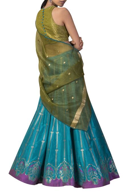Shop_Ekaya Banaras_Blue Banarasi Handwoven Lehenga Set_at_Aza_Fashions