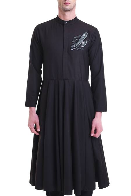 Shop_Saksham & Neharicka_Black Cotton Suiting Band Collar Kurta Set_Online_at_Aza_Fashions