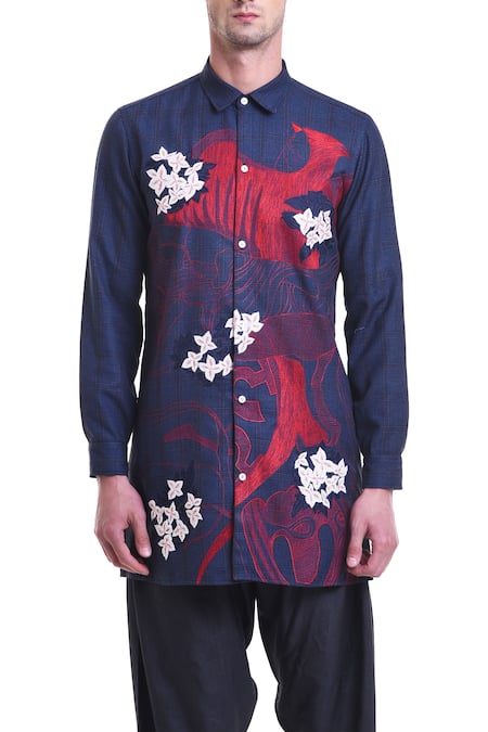 Shop_SAKSHAM & NEHARICKA_Blue Brushed Flannel Embroidered Checkered Shirt _Online_at_Aza_Fashions
