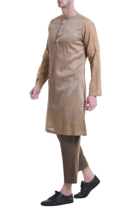 Saksham & Neharicka_Beige Cotton Striped Short Kurta_Online_at_Aza_Fashions