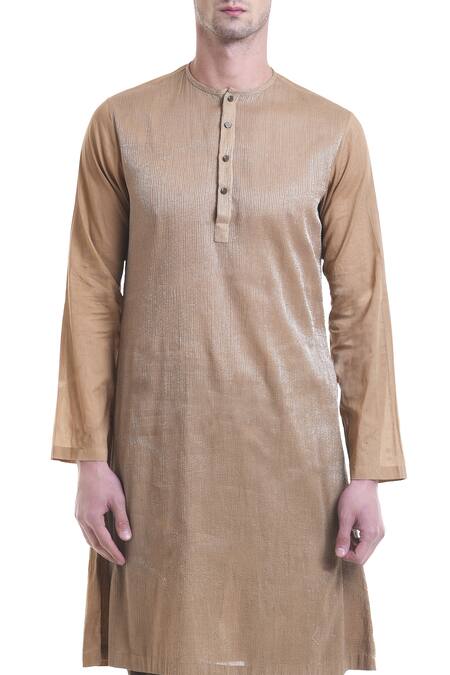 Shop_Saksham & Neharicka_Beige Cotton Striped Short Kurta_Online_at_Aza_Fashions
