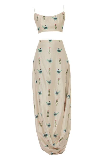 Buy_Sva By Sonam & Paras Modi_Beige Silk Printed Draped Skirt And Cape Set_Online_at_Aza_Fashions