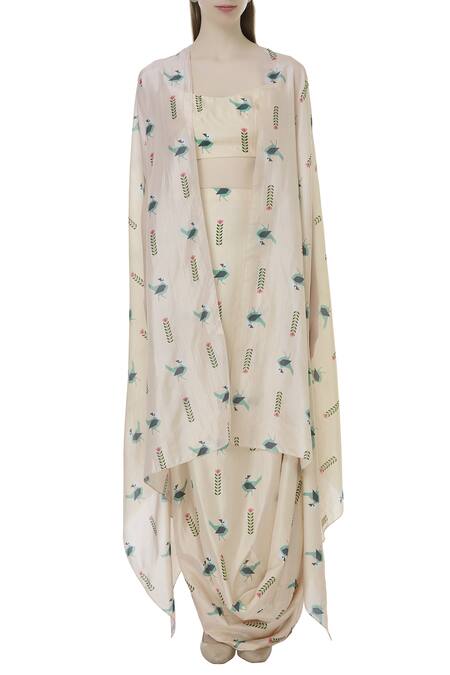 Shop_Sva By Sonam & Paras Modi_Beige Silk Printed Draped Skirt And Cape Set_Online_at_Aza_Fashions