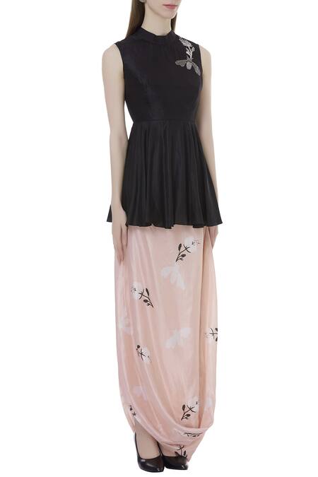 Sva By Sonam & Paras Modi_Black Silk Peplum Top And Skirt Set_Online_at_Aza_Fashions