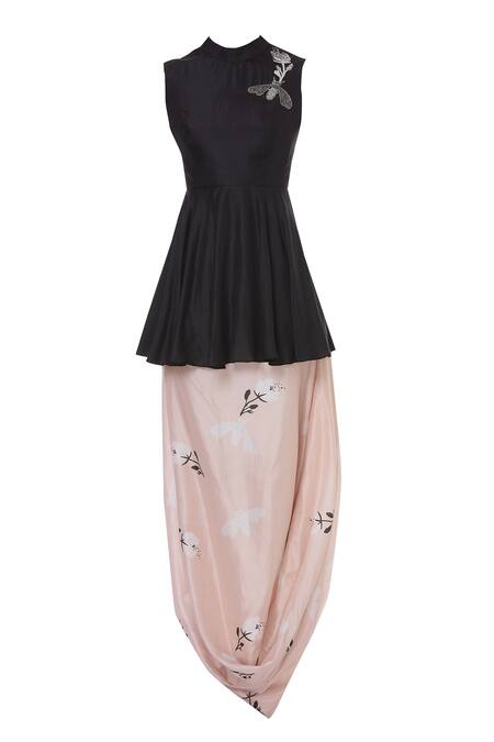 Buy_Sva By Sonam & Paras Modi_Black Silk Peplum Top And Skirt Set_Online_at_Aza_Fashions