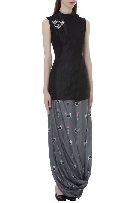 Sva By Sonam & Paras Modi_Black Silk Printed Draped Skirt Set_Online_at_Aza_Fashions