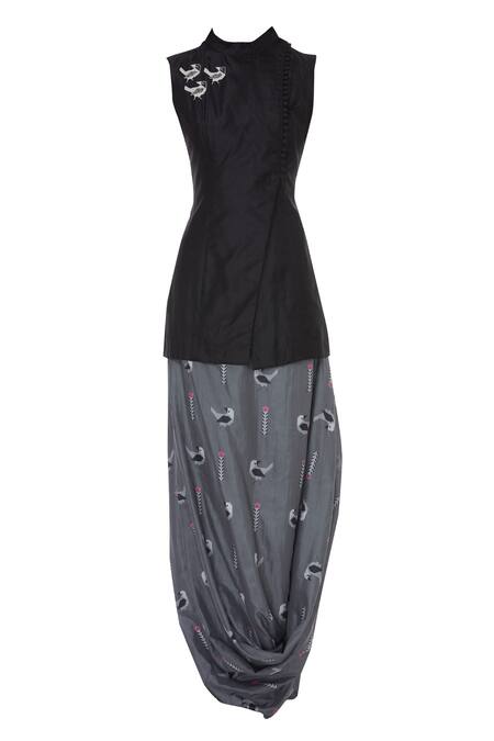 Buy_Sva By Sonam & Paras Modi_Black Silk Printed Draped Skirt Set_Online_at_Aza_Fashions