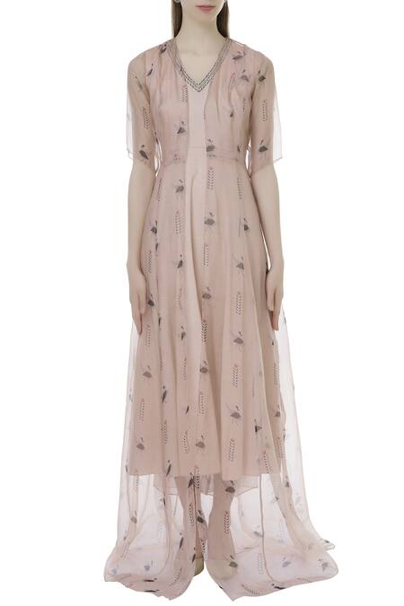 Sva By Sonam & Paras Modi_Beige Spun Printed Cape And Pant Set_Online_at_Aza_Fashions