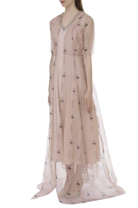 Buy_Sva By Sonam & Paras Modi_Beige Spun Printed Cape And Pant Set_Online_at_Aza_Fashions