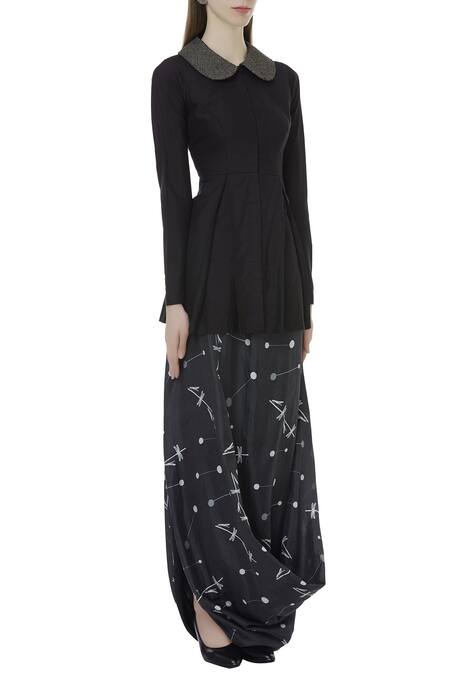 Sva By Sonam & Paras Modi_Black Silk Peplum Top And Draped Skirt Set_Online_at_Aza_Fashions