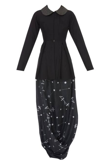 Buy_Sva By Sonam & Paras Modi_Black Silk Peplum Top And Draped Skirt Set_Online_at_Aza_Fashions
