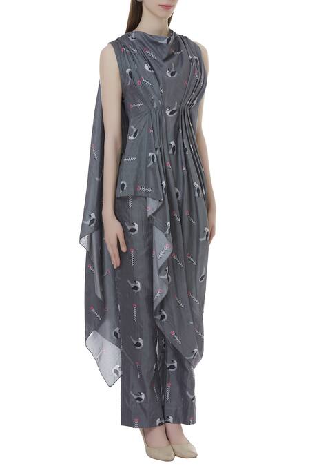 Sva By Sonam & Paras Modi_Grey Silk Printed Draped Tunic And Pant Set_Online_at_Aza_Fashions