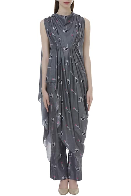Buy_Sva By Sonam & Paras Modi_Grey Silk Printed Draped Tunic And Pant Set_Online_at_Aza_Fashions