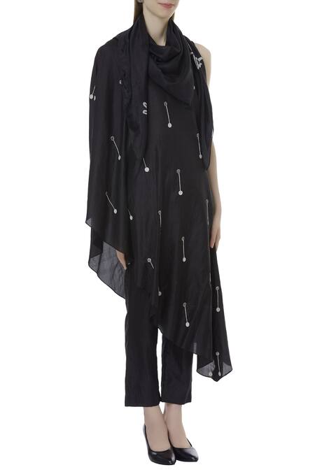 Sva By Sonam & Paras Modi_Black Silk One Shoulder Kurta Set_Online_at_Aza_Fashions
