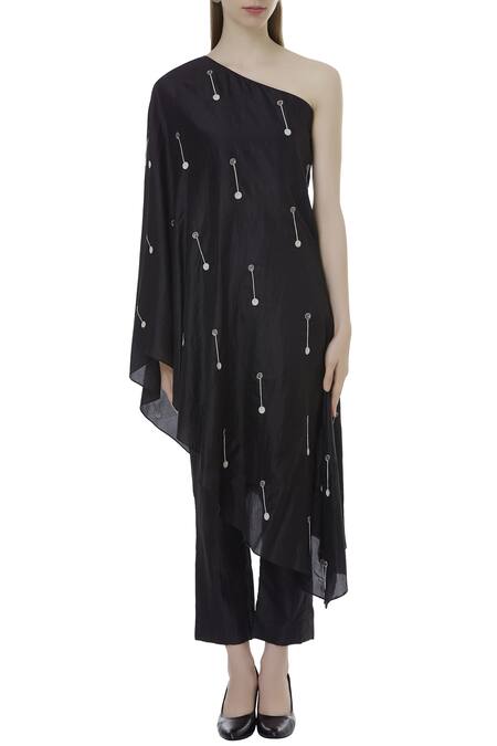 Buy_Sva By Sonam & Paras Modi_Black Silk One Shoulder Kurta Set_Online_at_Aza_Fashions