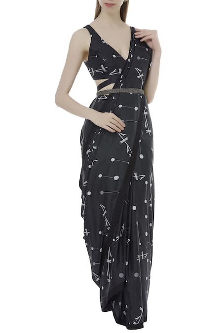 SVA by Sonam & Paras Modi Black Silk Printed Saree With Blouse