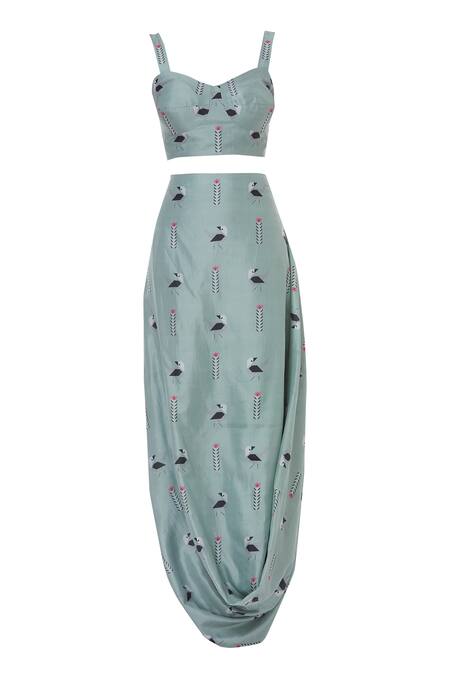 Buy_Sva By Sonam & Paras Modi_Blue Organza Printed Draped Skirt And Cape Set_Online_at_Aza_Fashions